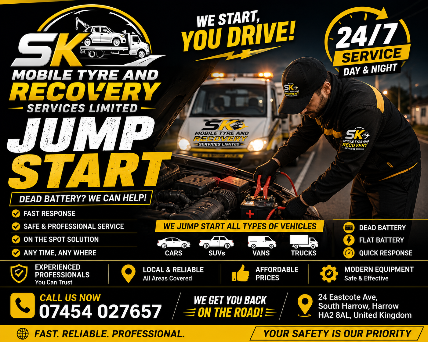 Jump start flat battery service Harrow